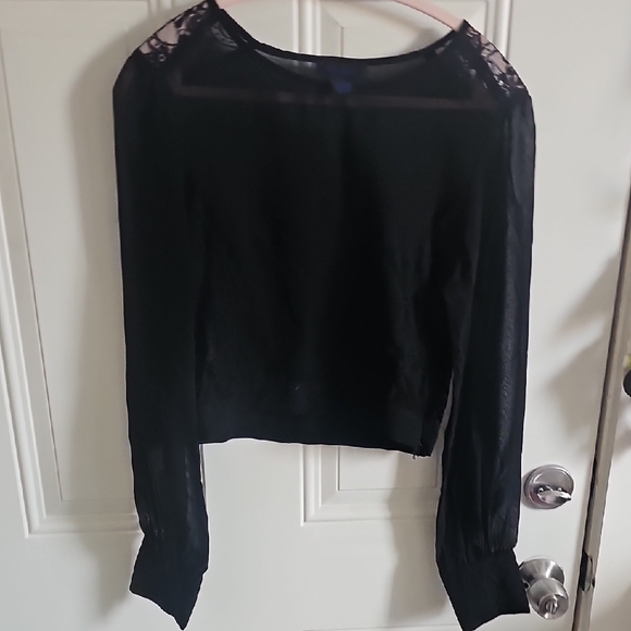 Beware! Tops - Black Lace-Yoke Long Sleeve Sheer Blouse